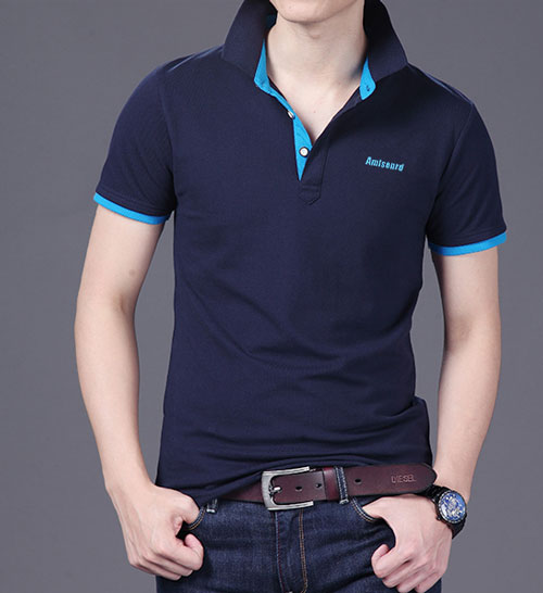 精棉萊卡高檔POLO衫定做，藏青色搭配天藍(lán)色款式圖