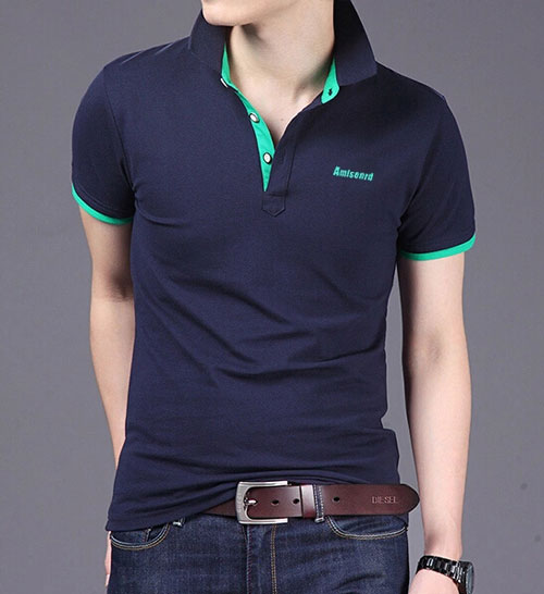 精棉萊卡高檔POLO衫定做，藏青色搭配薄荷綠款式圖