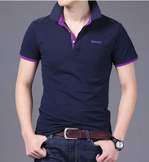 精棉萊卡高檔POLO衫定做，藏青色搭配紫色款式圖