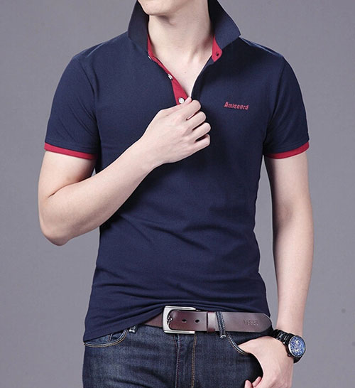 精棉萊卡高檔POLO衫定做，藏青色搭配暗紅色效果款式圖