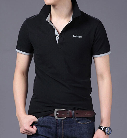 精棉萊卡高檔POLO衫定做，黑色搭配花灰色效果款式圖