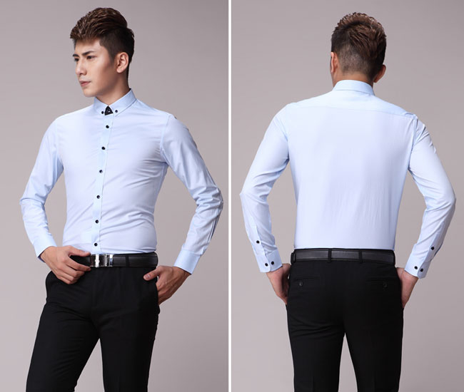 淺藍色男士特修身襯衫定做前后款式效果圖