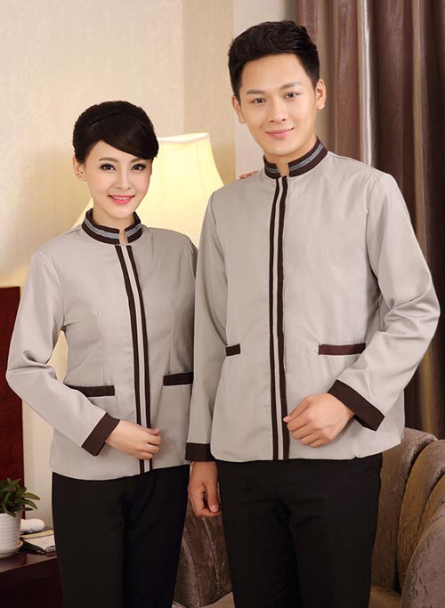 杏色男、女式長袖保潔工作服定做款式