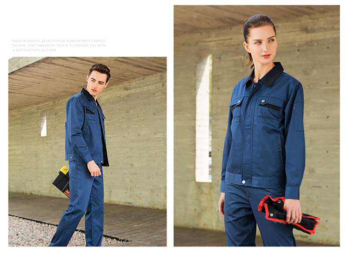 寶藍(lán)色長(zhǎng)袖滌棉深圳工作服定制模特效果展示