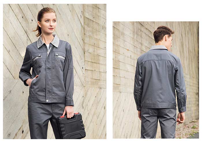 鐵灰色滌棉長(zhǎng)袖勞保工作服現(xiàn)貨批發(fā)模特前后上身效果圖