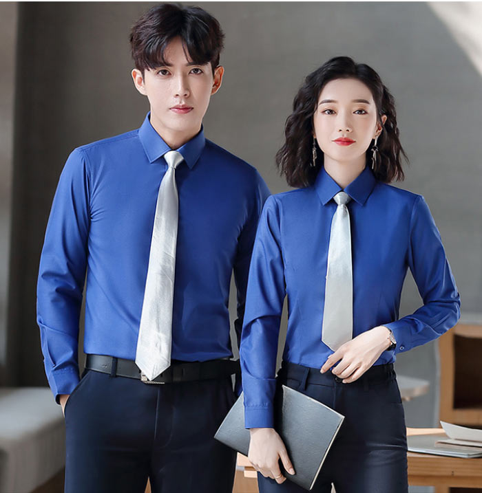 男女款藍色職業(yè)襯衫定做批發(fā)展示效果圖