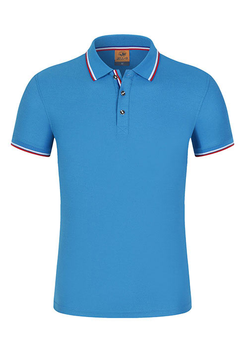 200克間色領(lǐng)孔藍色翻領(lǐng)短袖T恤衫工衣展示圖