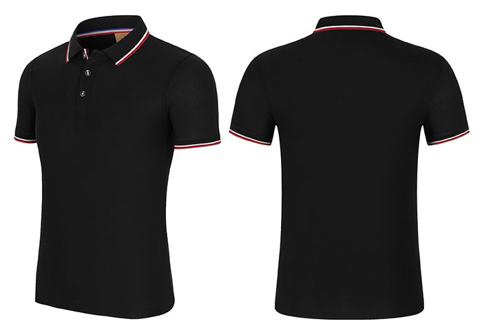 200克黑色款CVC面料織帶門瞳短袖翻領(lǐng)T恤衫工衣立體款式圖